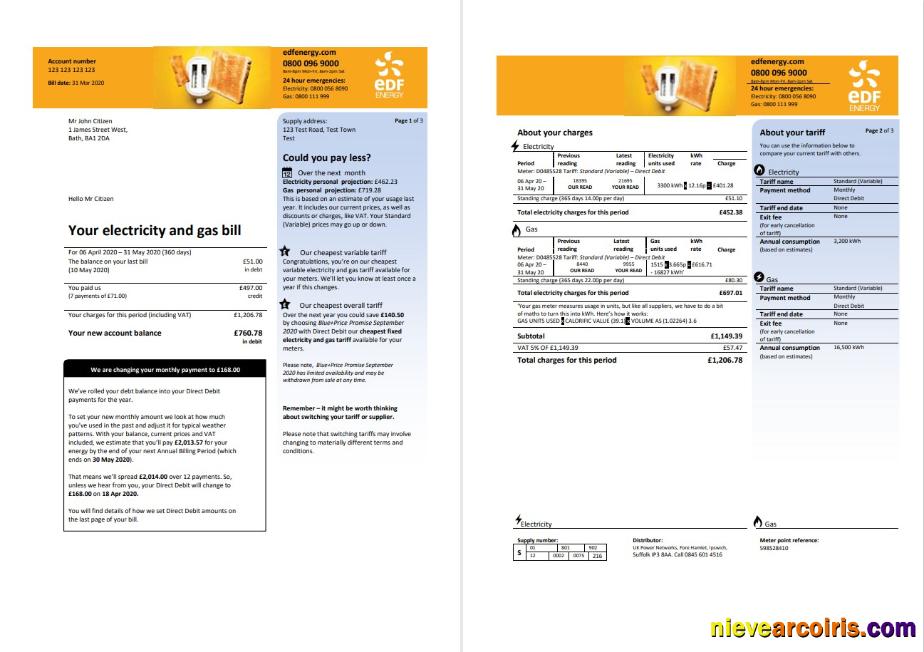 United Kingdom EDF utility bill 3 pages 1 2